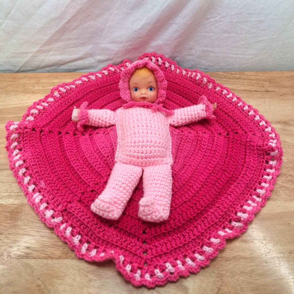 Vintage Crocheted Baby Doll In Blanket Pink and White Rubber Face Hands Granny